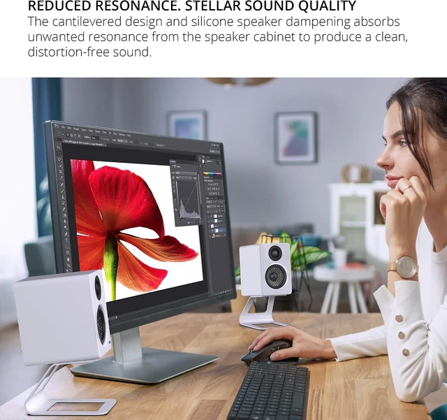 Alt view image 14 of 14 - Kanto SE2 Elevated Desktop Speaker Stands for Small Speakers & Compact 2-3 Studio Monitors | 3.8 Tall | Supports 7.1 lbs | Damping 1.5 mm Silicone Padding | Pair | White