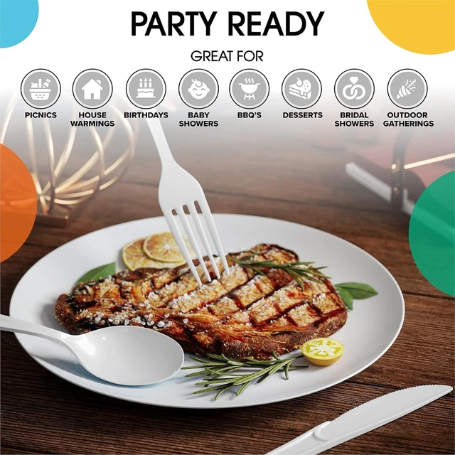 Alt view image 13 of 14 - Party Solids White Plastic Knives 200 Pcs White Knives Disposable Utensils Heavy Duty Plastic Cutlery Set Disposable Cutlery Sets Flatware Sets Silverware Set Party Supplies & Party Tableware