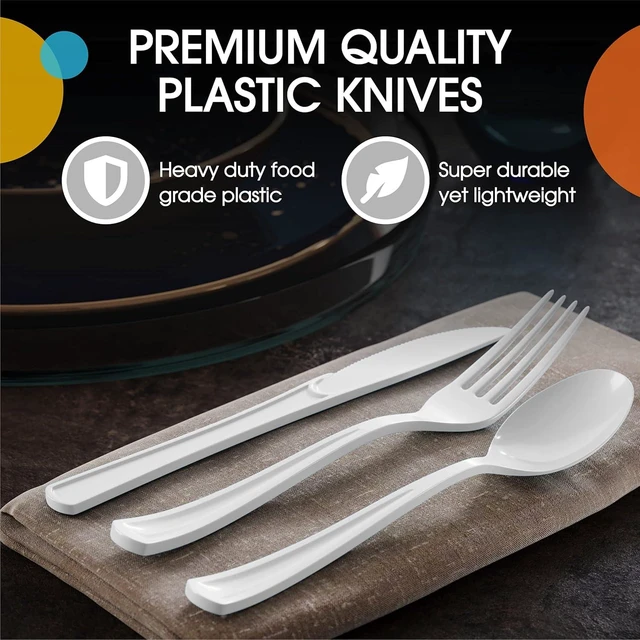 Alt view image 11 of 14 - Party Solids White Plastic Knives 200 Pcs White Knives Disposable Utensils Heavy Duty Plastic Cutlery Set Disposable Cutlery Sets Flatware Sets Silverware Set Party Supplies & Party Tableware