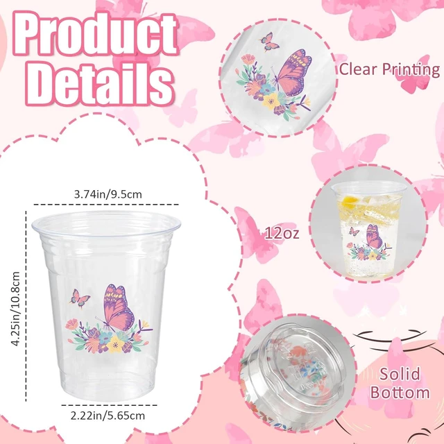 Alt view image 10 of 14 - 100 Pieces Butterfly Plastic Cups, 12 Oz Butterflies Floral Plastic Clear Disposable Drinking Cups for Spring Summer Party Favor Birthday Wedding Party Supplies