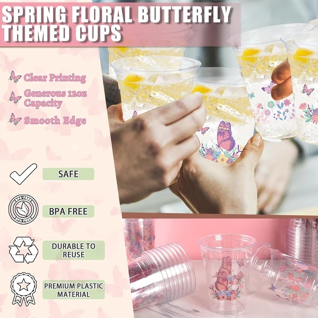 Alt view image 12 of 14 - 100 Pieces Butterfly Plastic Cups, 12 Oz Butterflies Floral Plastic Clear Disposable Drinking Cups for Spring Summer Party Favor Birthday Wedding Party Supplies