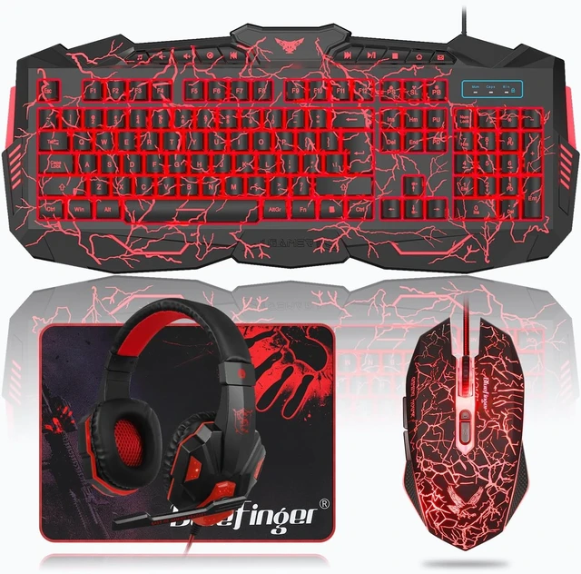 Alt view image 8 of 14 - BlueFinger Gaming Keyboard Mouse Headset Combo, USB Wired Crack Backlit,114 Keys Letters Glow LED Keyboard, Red LED Light Headset for Laptop PC Computer Work and Game
