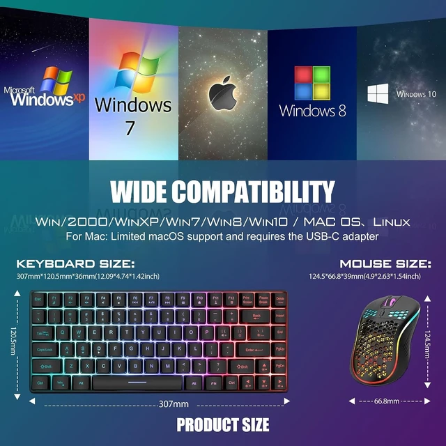 Alt view image 12 of 12 - RedThunder K84 Wireless Keyboard and Mouse Combo, Rainbow Backlit Rechargeable Battery, 75% Layout TKL Ultra Compact Gaming Keyboard & Lightweight 3200 DPI Honeycomb Optical Mouse (Black)