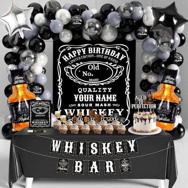 Alt view image 8 of 14 - Whiskey Birthday Decorations for Men Aged to Perfection Birthday Party Supplies with Backdrop Tablecloth Whiskey Bar Banner Balloon Garland Poster for Men Adult Beer Party Decor