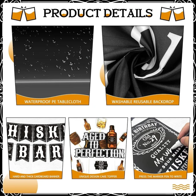Alt view image 12 of 14 - Whiskey Birthday Decorations for Men Aged to Perfection Birthday Party Supplies with Backdrop Tablecloth Whiskey Bar Banner Balloon Garland Poster for Men Adult Beer Party Decor