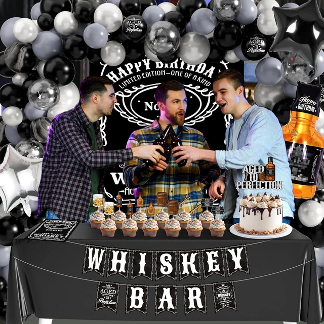Alt view image 14 of 14 - Whiskey Birthday Decorations for Men Aged to Perfection Birthday Party Supplies with Backdrop Tablecloth Whiskey Bar Banner Balloon Garland Poster for Men Adult Beer Party Decor