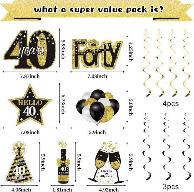 Alt view image 10 of 12 - 32Pcs 40th Birthday Decorations Kit for Men Women, Black Gold Happy 40 Birthday Banner Balloons Hanging Swirls Kit Party Supplies, Forty Year Old Birthday Backdrop Props Sign Decor
