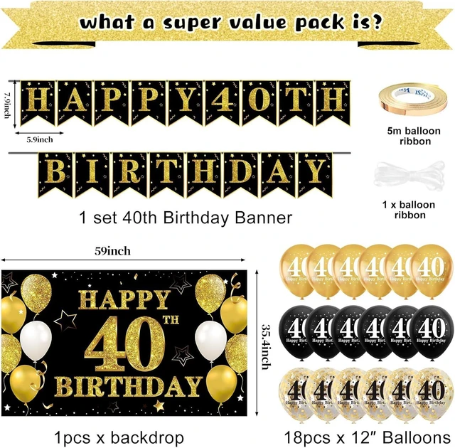 Alt view image 9 of 12 - 32Pcs 40th Birthday Decorations Kit for Men Women, Black Gold Happy 40 Birthday Banner Balloons Hanging Swirls Kit Party Supplies, Forty Year Old Birthday Backdrop Props Sign Decor