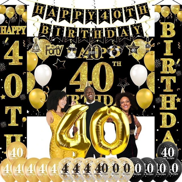 Alt view image 7 of 12 - 32Pcs 40th Birthday Decorations Kit for Men Women, Black Gold Happy 40 Birthday Banner Balloons Hanging Swirls Kit Party Supplies, Forty Year Old Birthday Backdrop Props Sign Decor