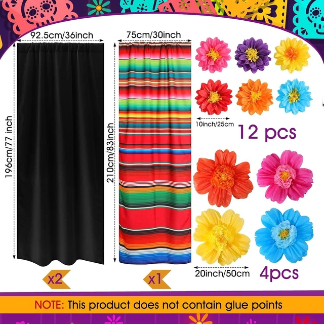 Alt view image 9 of 14 - Tingjoo 19 Pcs Mexican Fiesta Decorations Set Mexican Paper Flowers Polyester Backdrop Curtains Backdrop Fiesta Party Decorations Supplies Set for Cinco De Mayo Party Wedding Birthday(Black,Flower)
