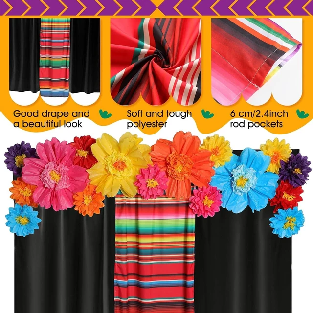 Alt view image 10 of 14 - Tingjoo 19 Pcs Mexican Fiesta Decorations Set Mexican Paper Flowers Polyester Backdrop Curtains Backdrop Fiesta Party Decorations Supplies Set for Cinco De Mayo Party Wedding Birthday(Black,Flower)