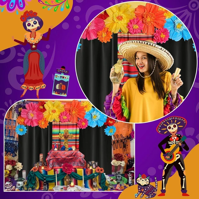 Alt view image 13 of 14 - Tingjoo 19 Pcs Mexican Fiesta Decorations Set Mexican Paper Flowers Polyester Backdrop Curtains Backdrop Fiesta Party Decorations Supplies Set for Cinco De Mayo Party Wedding Birthday(Black,Flower)
