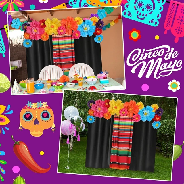 Alt view image 14 of 14 - Tingjoo 19 Pcs Mexican Fiesta Decorations Set Mexican Paper Flowers Polyester Backdrop Curtains Backdrop Fiesta Party Decorations Supplies Set for Cinco De Mayo Party Wedding Birthday(Black,Flower)