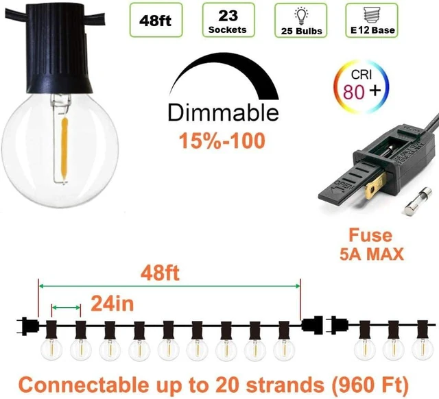 Alt view image 9 of 14 - Outdoor String Lights 48ft with 23+2 Spare Bulbs, Shatterproof Dimmable Waterproof, LED 1W 60LM 2200K Warm Glow for Indoor/Outdoor Decoration and Lighting -Black Wire