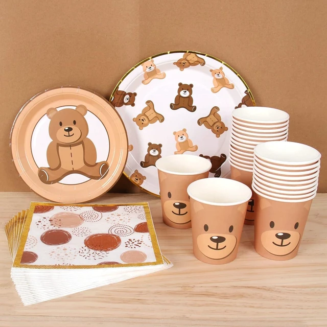 Alt view image 8 of 14 - Brown Teddy Bear Baby Shower Plates - Teddy Bear Paper Plates,Disposable Cups,Napkin with Firework Pattern in Golden Border for 24 Bear Theme Party Supplies ,Baby Shower Wedding Birthday Party