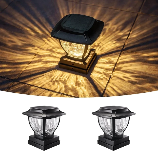 Alt view image 8 of 14 - Solar Post Cap Lights Outdoor, Glass Deck Fence Post Cap Light Solar Powered for 4x4 Vinyl/Wooden Posts, Solar Lamp Post Light with 2 Lighting Modes for Patio Garden, Bright Warm White (2 Pack)