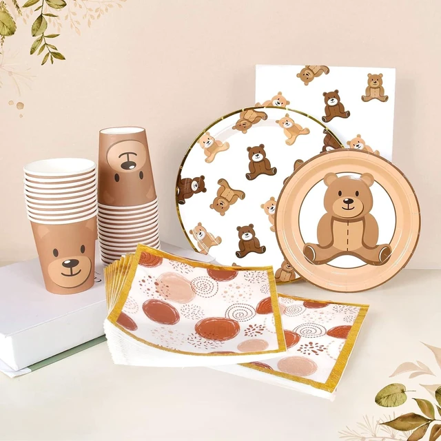 Alt view image 11 of 14 - Brown Teddy Bear Baby Shower Plates - Teddy Bear Paper Plates,Disposable Cups,Napkin with Firework Pattern in Golden Border for 24 Bear Theme Party Supplies ,Baby Shower Wedding Birthday Party