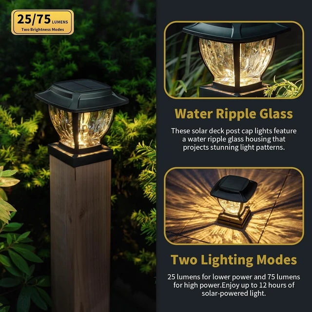 Alt view image 10 of 14 - Solar Post Cap Lights Outdoor, Glass Deck Fence Post Cap Light Solar Powered for 4x4 Vinyl/Wooden Posts, Solar Lamp Post Light with 2 Lighting Modes for Patio Garden, Bright Warm White (2 Pack)