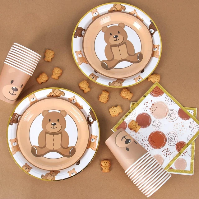 Alt view image 9 of 14 - Brown Teddy Bear Baby Shower Plates - Teddy Bear Paper Plates,Disposable Cups,Napkin with Firework Pattern in Golden Border for 24 Bear Theme Party Supplies ,Baby Shower Wedding Birthday Party