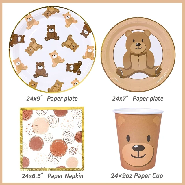 Alt view image 12 of 14 - Brown Teddy Bear Baby Shower Plates - Teddy Bear Paper Plates,Disposable Cups,Napkin with Firework Pattern in Golden Border for 24 Bear Theme Party Supplies ,Baby Shower Wedding Birthday Party
