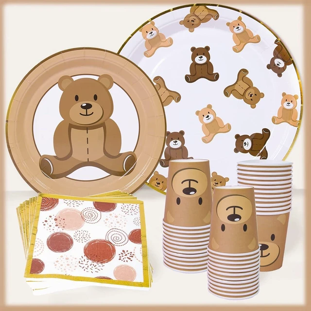 Alt view image 13 of 14 - Brown Teddy Bear Baby Shower Plates - Teddy Bear Paper Plates,Disposable Cups,Napkin with Firework Pattern in Golden Border for 24 Bear Theme Party Supplies ,Baby Shower Wedding Birthday Party