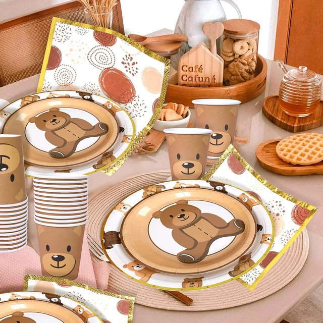 Alt view image 14 of 14 - Brown Teddy Bear Baby Shower Plates - Teddy Bear Paper Plates,Disposable Cups,Napkin with Firework Pattern in Golden Border for 24 Bear Theme Party Supplies ,Baby Shower Wedding Birthday Party