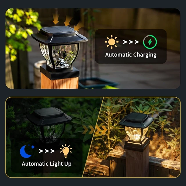 Alt view image 12 of 14 - Solar Post Cap Lights Outdoor, Glass Deck Fence Post Cap Light Solar Powered for 4x4 Vinyl/Wooden Posts, Solar Lamp Post Light with 2 Lighting Modes for Patio Garden, Bright Warm White (2 Pack)
