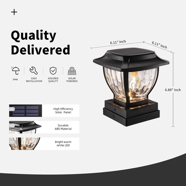Alt view image 14 of 14 - Solar Post Cap Lights Outdoor, Glass Deck Fence Post Cap Light Solar Powered for 4x4 Vinyl/Wooden Posts, Solar Lamp Post Light with 2 Lighting Modes for Patio Garden, Bright Warm White (2 Pack)
