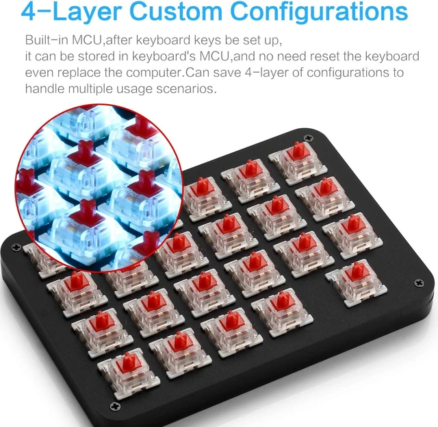 Alt view image 12 of 14 - Koolertron One Handed Macro Mechanical Keyboard, Blue LED Backlit Portable Mini One-Handed Mechanical Gaming Keypad 23 Fully Programmable Keys Red Switches (Blue Backlit/Red switches)
