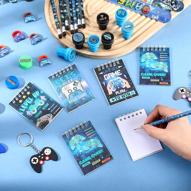 Alt view image 9 of 12 - Sayglossy 171 Pcs Cool Video Game Party Favors Set Includes Gift Bags Pencils Notebook Sharpener Slap Bracelets Rings Keychains Tattoo Gaming Stickers Stamper Gamer Party Favors Birthday