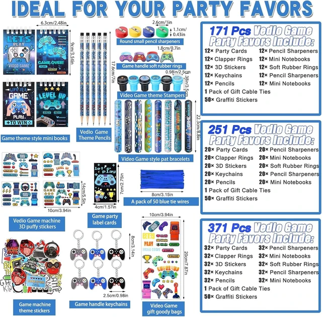 Alt view image 8 of 12 - Sayglossy 171 Pcs Cool Video Game Party Favors Set Includes Gift Bags Pencils Notebook Sharpener Slap Bracelets Rings Keychains Tattoo Gaming Stickers Stamper Gamer Party Favors Birthday