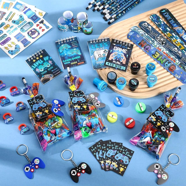 Alt view image 10 of 12 - Sayglossy 171 Pcs Cool Video Game Party Favors Set Includes Gift Bags Pencils Notebook Sharpener Slap Bracelets Rings Keychains Tattoo Gaming Stickers Stamper Gamer Party Favors Birthday