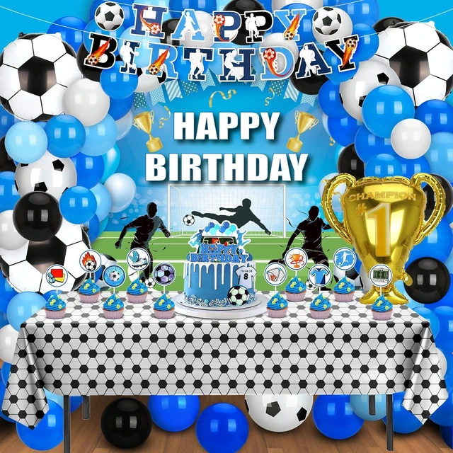 Alt view image 8 of 14 - Soccer Birthday Party Decorations, 131PCS Blue Soccer Birthday Party Supplies Including Tablecloth Backdrop Banner Cake Topper Latex Balloons Foil Balloons Decorations Kit for Sport Ball Theme
