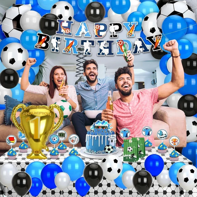 Alt view image 11 of 14 - Soccer Birthday Party Decorations, 131PCS Blue Soccer Birthday Party Supplies Including Tablecloth Backdrop Banner Cake Topper Latex Balloons Foil Balloons Decorations Kit for Sport Ball Theme