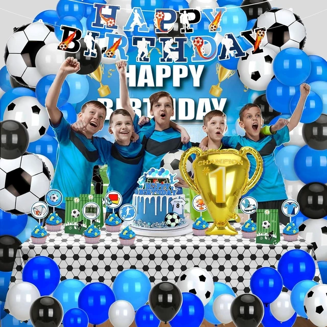 Alt view image 12 of 14 - Soccer Birthday Party Decorations, 131PCS Blue Soccer Birthday Party Supplies Including Tablecloth Backdrop Banner Cake Topper Latex Balloons Foil Balloons Decorations Kit for Sport Ball Theme