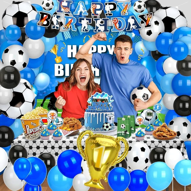 Alt view image 13 of 14 - Soccer Birthday Party Decorations, 131PCS Blue Soccer Birthday Party Supplies Including Tablecloth Backdrop Banner Cake Topper Latex Balloons Foil Balloons Decorations Kit for Sport Ball Theme
