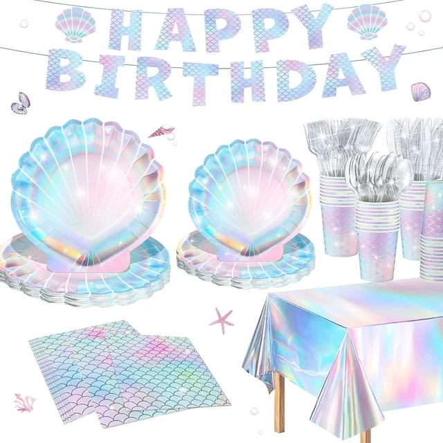 Alt view image 8 of 14 - Summer Mermaid Party Supplies for Girls Baby Shower Birthday Party Under the Sea Themed Decor Iridescent Shell Plates Napkins Cups Knives Forks Tablecloths Banners Serves 20 Guests 122PCS