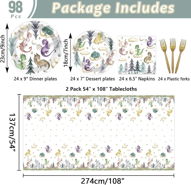 Alt view image 9 of 14 - 98 Pcs Watercolor Dragon Tableware Set Magic Dragon Party Plates Napkins Dragon Table Cover Fantasy Dragon Dinnerware for Kid Boy Girl Birthday Party Decorations Favors for 24 Guest
