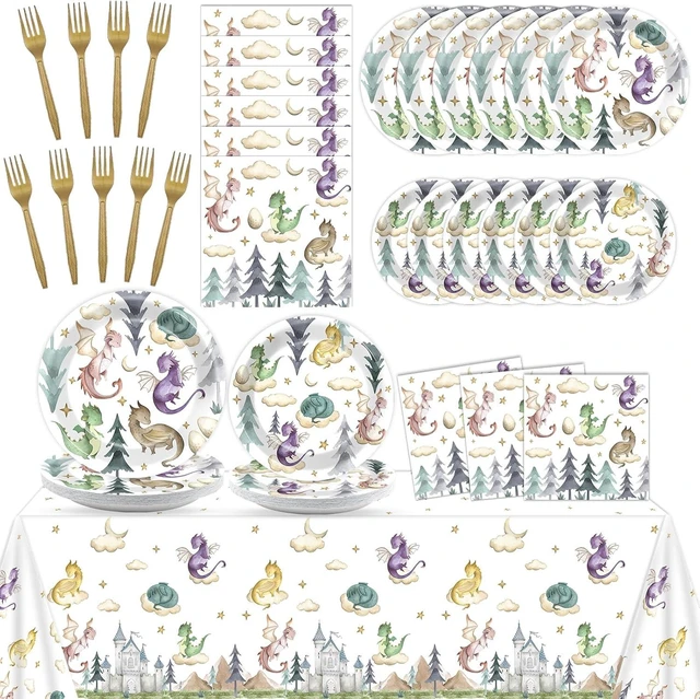 Alt view image 8 of 14 - 98 Pcs Watercolor Dragon Tableware Set Magic Dragon Party Plates Napkins Dragon Table Cover Fantasy Dragon Dinnerware for Kid Boy Girl Birthday Party Decorations Favors for 24 Guest