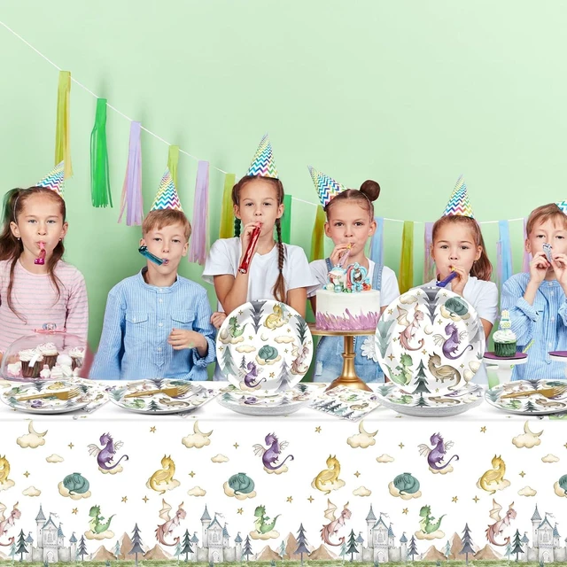 Alt view image 14 of 14 - 98 Pcs Watercolor Dragon Tableware Set Magic Dragon Party Plates Napkins Dragon Table Cover Fantasy Dragon Dinnerware for Kid Boy Girl Birthday Party Decorations Favors for 24 Guest