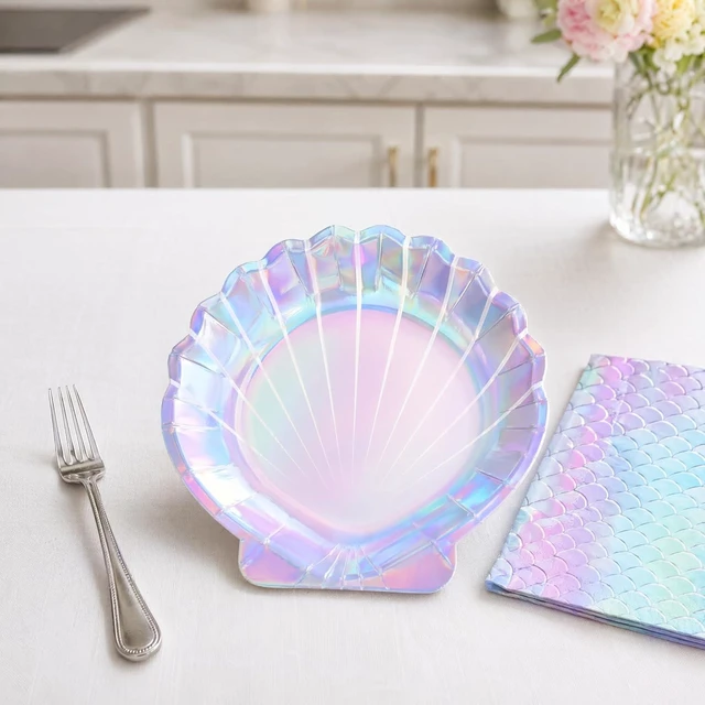 Alt view image 10 of 14 - Summer Mermaid Party Supplies for Girls Baby Shower Birthday Party Under the Sea Themed Decor Iridescent Shell Plates Napkins Cups Knives Forks Tablecloths Banners Serves 20 Guests 122PCS
