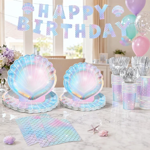 Alt view image 12 of 14 - Summer Mermaid Party Supplies for Girls Baby Shower Birthday Party Under the Sea Themed Decor Iridescent Shell Plates Napkins Cups Knives Forks Tablecloths Banners Serves 20 Guests 122PCS