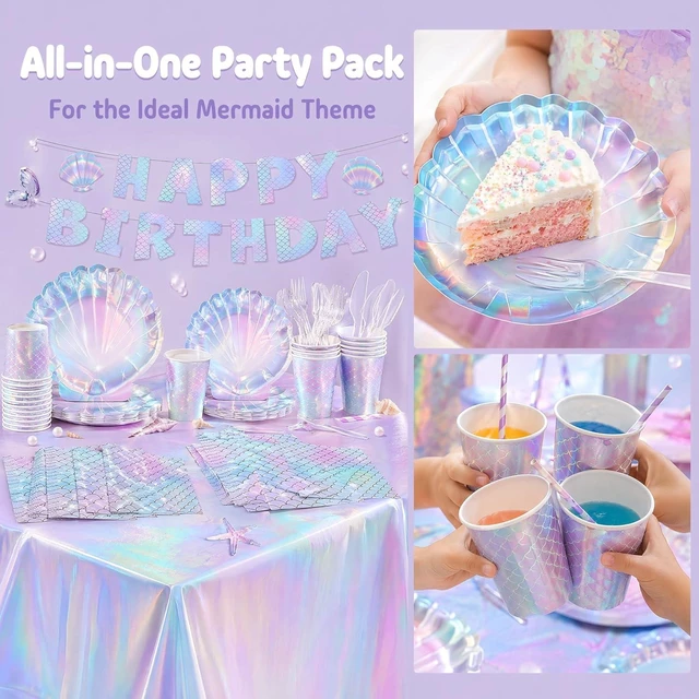 Alt view image 11 of 14 - Summer Mermaid Party Supplies for Girls Baby Shower Birthday Party Under the Sea Themed Decor Iridescent Shell Plates Napkins Cups Knives Forks Tablecloths Banners Serves 20 Guests 122PCS
