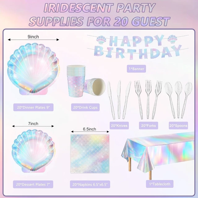 Alt view image 9 of 14 - Summer Mermaid Party Supplies for Girls Baby Shower Birthday Party Under the Sea Themed Decor Iridescent Shell Plates Napkins Cups Knives Forks Tablecloths Banners Serves 20 Guests 122PCS