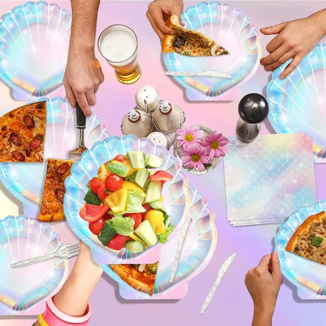 Alt view image 14 of 14 - Summer Mermaid Party Supplies for Girls Baby Shower Birthday Party Under the Sea Themed Decor Iridescent Shell Plates Napkins Cups Knives Forks Tablecloths Banners Serves 20 Guests 122PCS