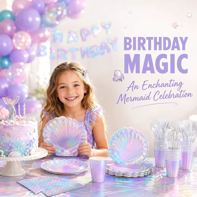 Alt view image 13 of 14 - Summer Mermaid Party Supplies for Girls Baby Shower Birthday Party Under the Sea Themed Decor Iridescent Shell Plates Napkins Cups Knives Forks Tablecloths Banners Serves 20 Guests 122PCS