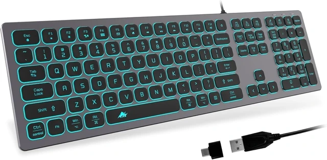 Alt view image 7 of 12 - Aluminum Quiet Wired Slim Chiclet Keyboard - Compatible with Apple iMac, MacBook, Mac and PC, USB Numeric Keypad RGB Lighted Key - Space Gray
