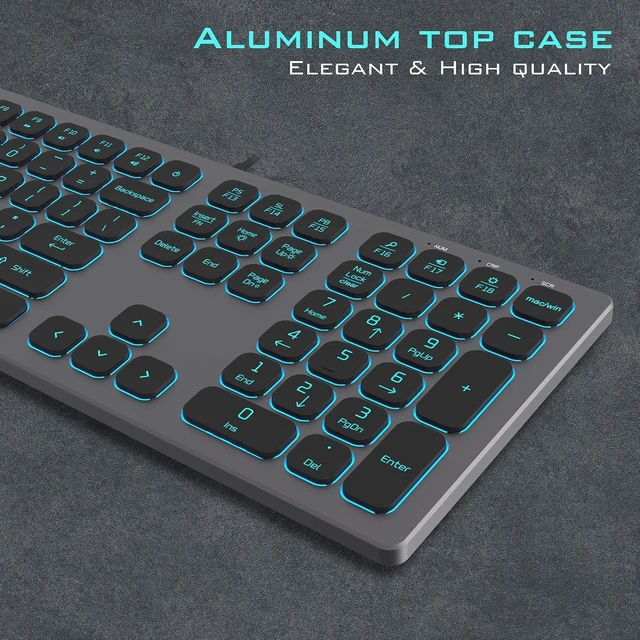 Alt view image 8 of 12 - Aluminum Quiet Wired Slim Chiclet Keyboard - Compatible with Apple iMac, MacBook, Mac and PC, USB Numeric Keypad RGB Lighted Key - Space Gray