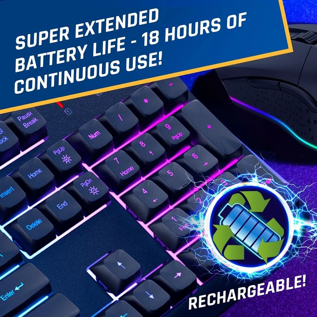 Alt view image 10 of 14 - KLIM Chroma Wireless Keyboard and Mouse RGB Backlit Gaming Combo, Rechargeable Wireless Keyboard & RGB Mouse, Durable & Ergonomic, Dual USB Receivers, Compatible with PC, Mac, PS4, PS5
