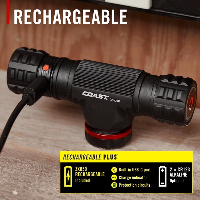 Alt view image 12 of 14 - Coast XPH30R 1200 Lumen USB-C Rechargeable Dual Power Headlamp with Twist Focus Beam and Magnetic Base, 4.37 oz. - Black